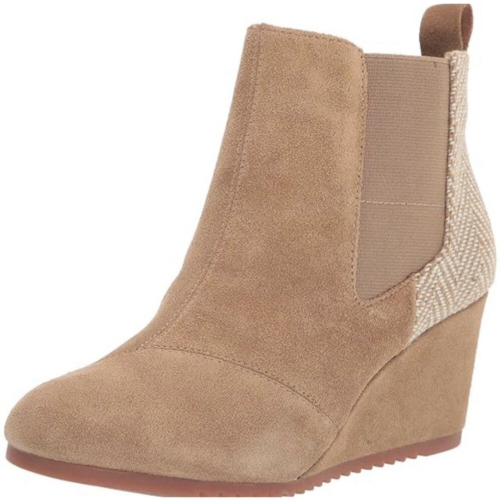 NWT TOMS Bailey Suede Wedge Ankle Boots - Warm Taupe Herringbone 6.5